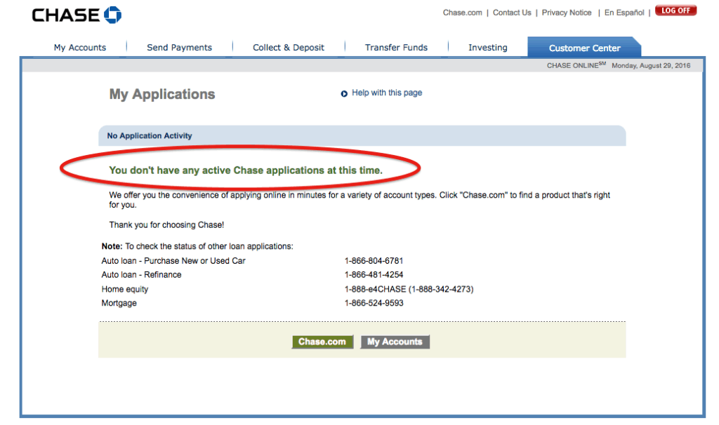 chase visa card application status